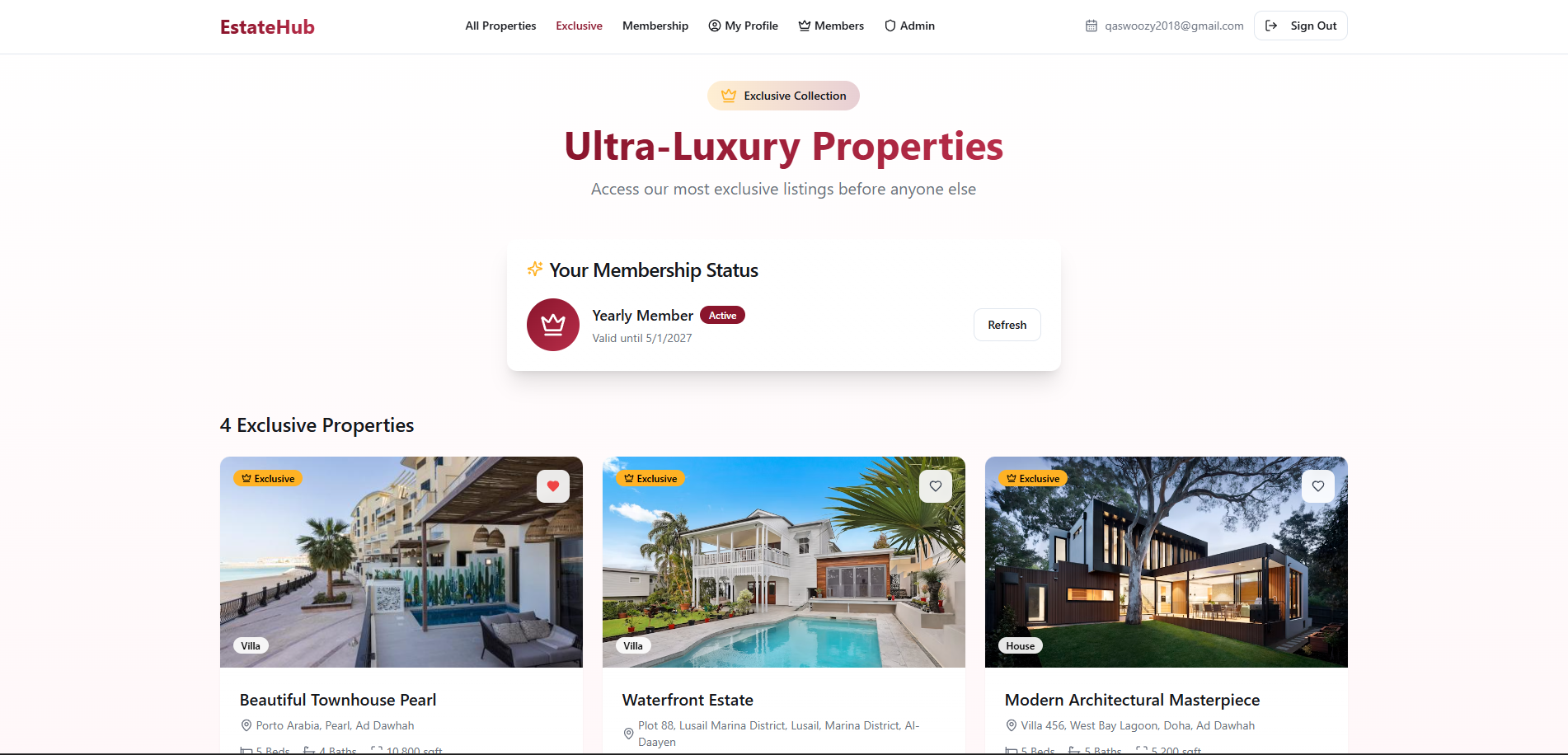 EstateHub exclusive properties screen