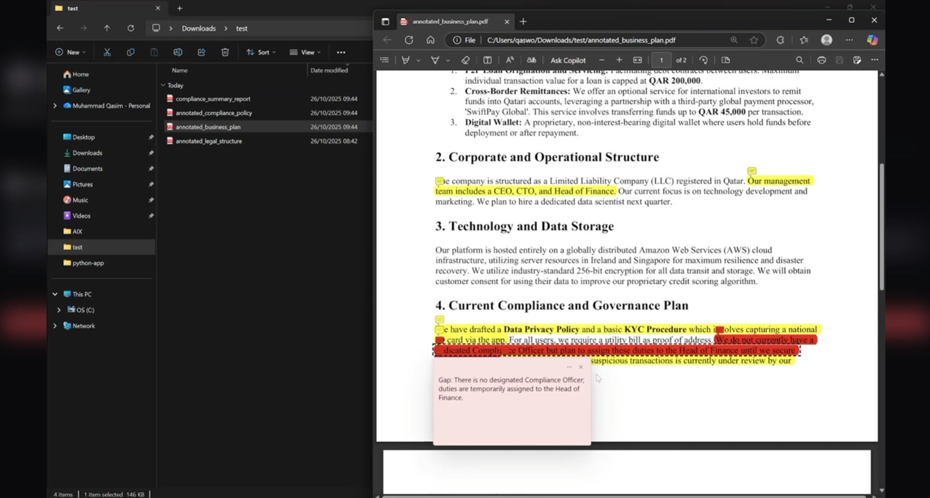 Muwafeq annotated compliance report screen