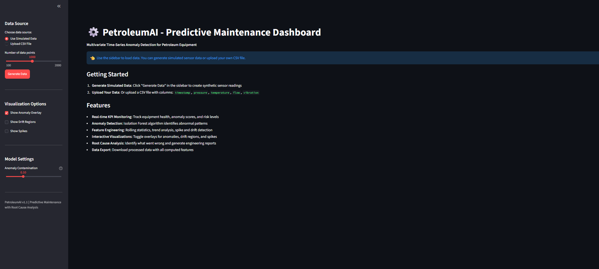 Petroleum AI getting started dashboard