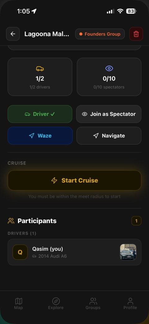 Rendezvous Motors meetup screen